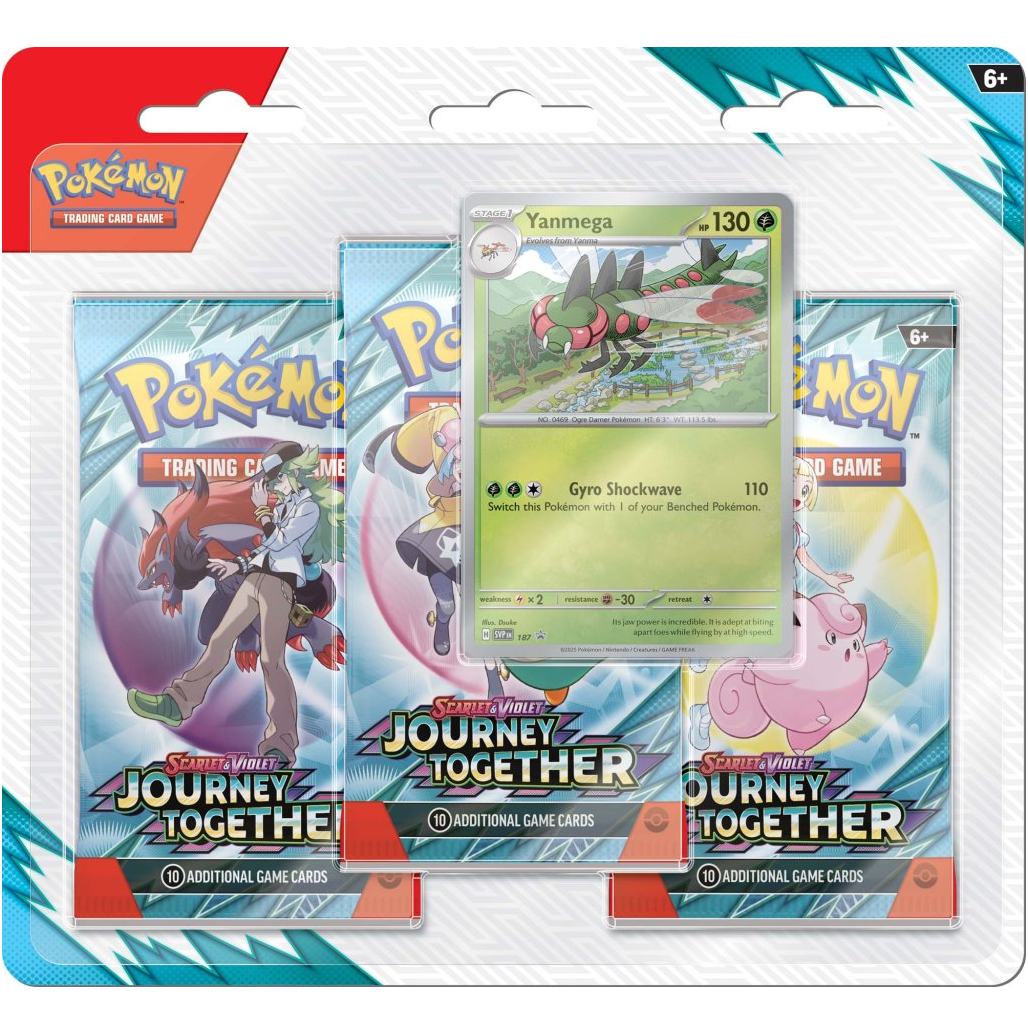 A booster blister pack of Pokémon TCG featuring Yanmega, with three booster packs and a foil promo card visible through the packaging.